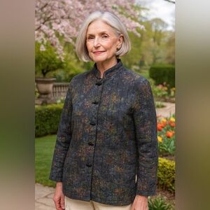 Vintage Tomorrows Dream Quilted Floral Brocade Jacket M L Mandarin Collar Frog